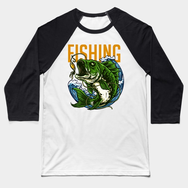 fishing green fish Baseball T-Shirt by Mako Design 